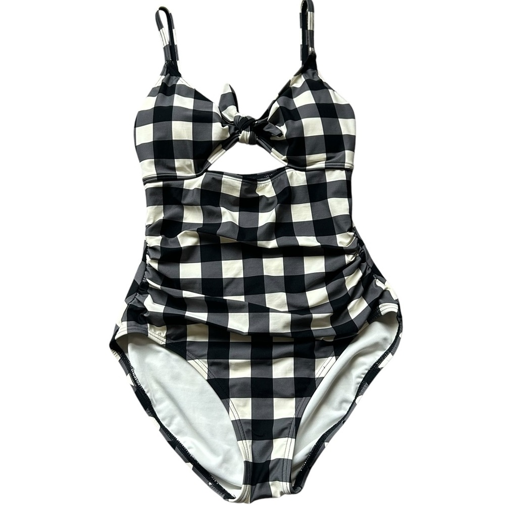 Black & White Gingham One-Piece Swimsuit with Front Tie